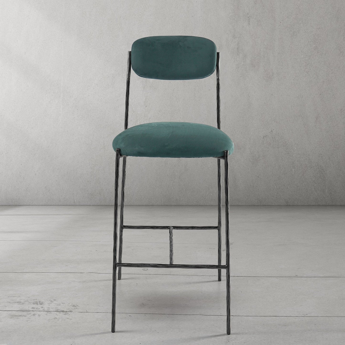 Hand-Forged Metal Green Fabric Bar Stool