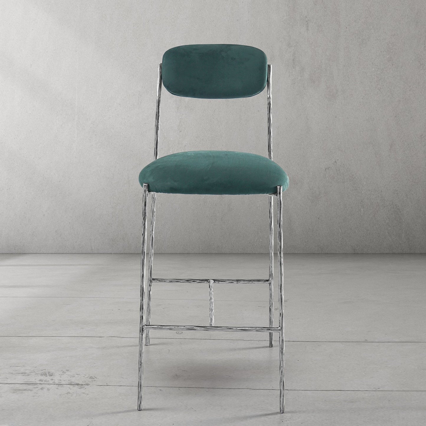 Hand-Forged Metal Green Fabric Bar Stool