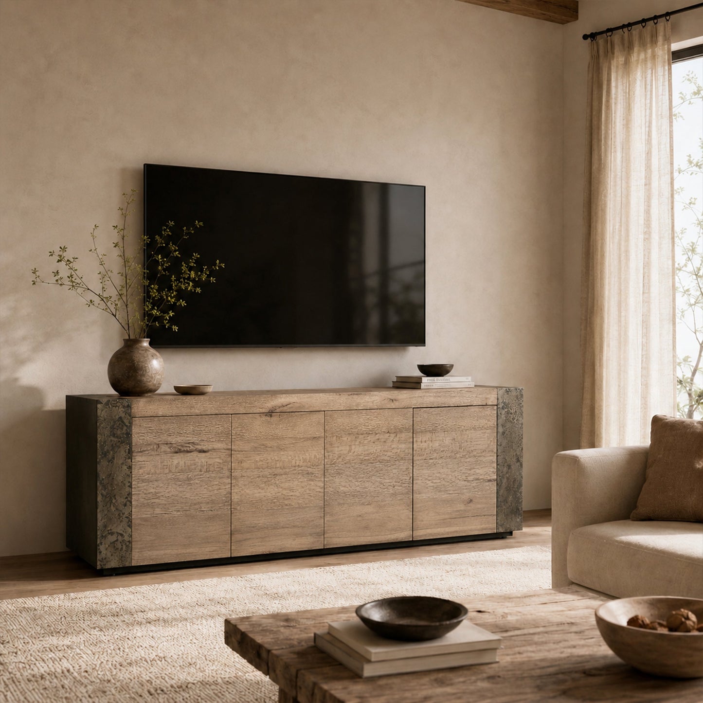 Tellurian Media Console Oak with Oxidized Steel Rustic Living Furniture