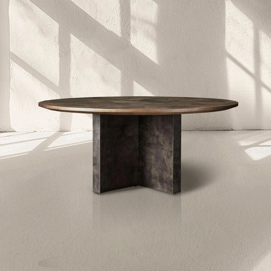 Loranco Wood Round Dining Table With Oxidized Steel Base